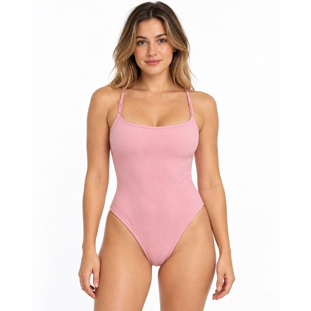 Womens Pink One Piece Swimsuit Cheeky High Cut Scoop Back Thin Strap New Medium